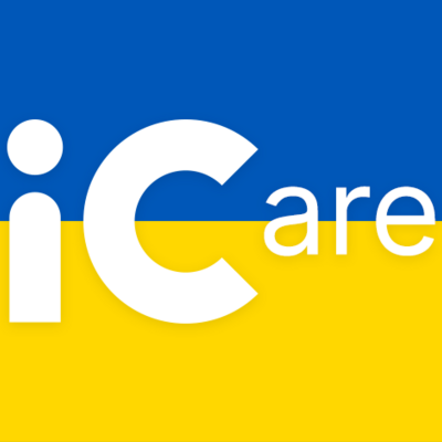 Ukraine flag with white text "iCare"