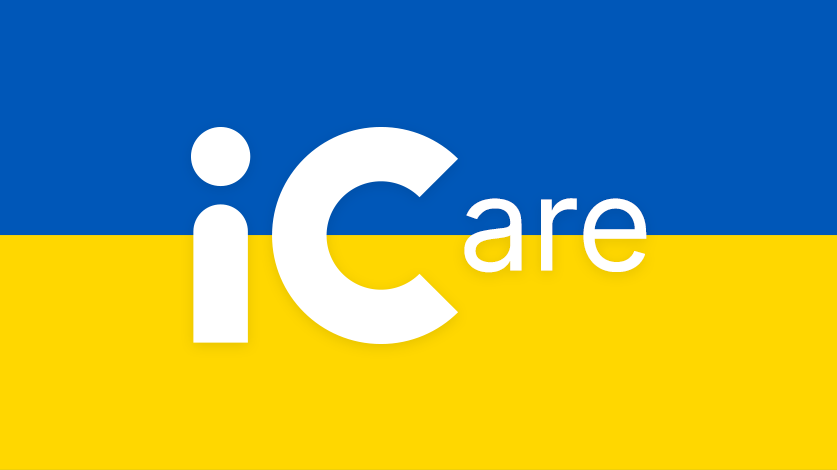 Ukrainische Flagge mit weissem Text "iCare"